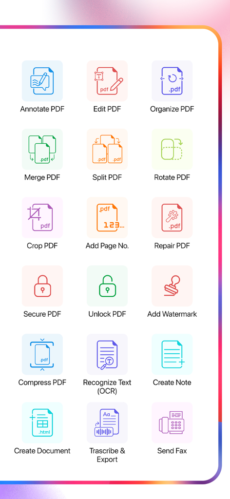 PDF Export - PDF Editor & Scan - A dashboard showing icons for various PDF tools like edit merge split ocr and faxing