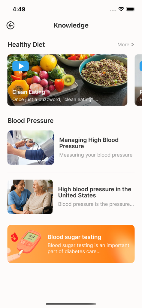 VitalBP: Heart Rate Monitor - Knowledge screen in VitalBP app featuring health articles on diet and blood pressure management