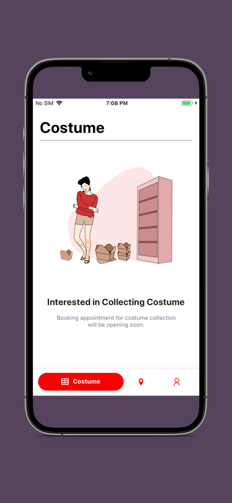 Masquerader Xperience - Pantalla de la aplicación Masquerader Xperience que muestra información sobre la reserva de una cita para la recogida de disfraces de carnaval