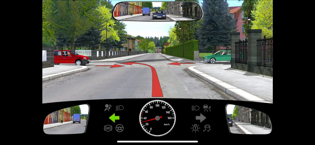 Fahrschule.de 2026 - Dashboard-Ansicht einer Fahrsimulation für die deutsche theoretische Prüfung, einschließlich Spiegel und Tacho