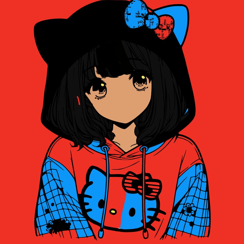 a girl wearing a hello kitty sweater with hood also realistic