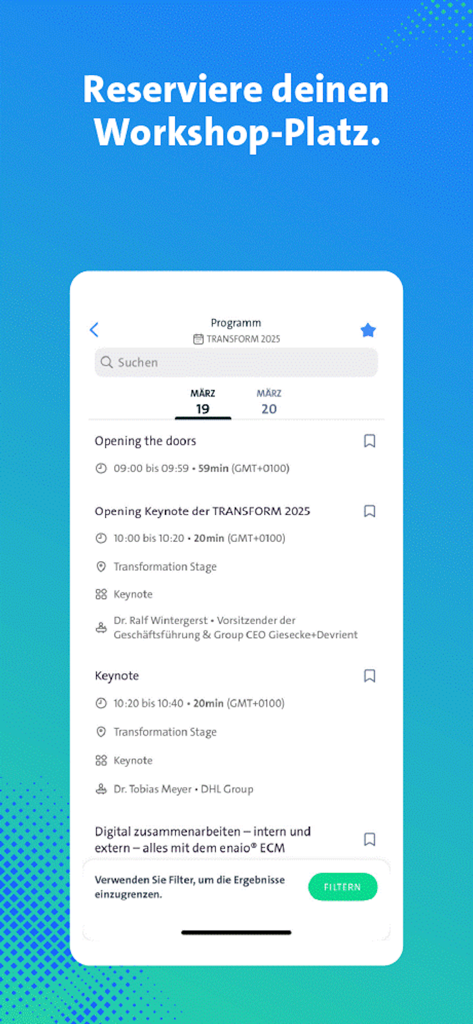 TRANSFORM mobile app interface showing the event schedule with keynote speakers and workshop reservation options