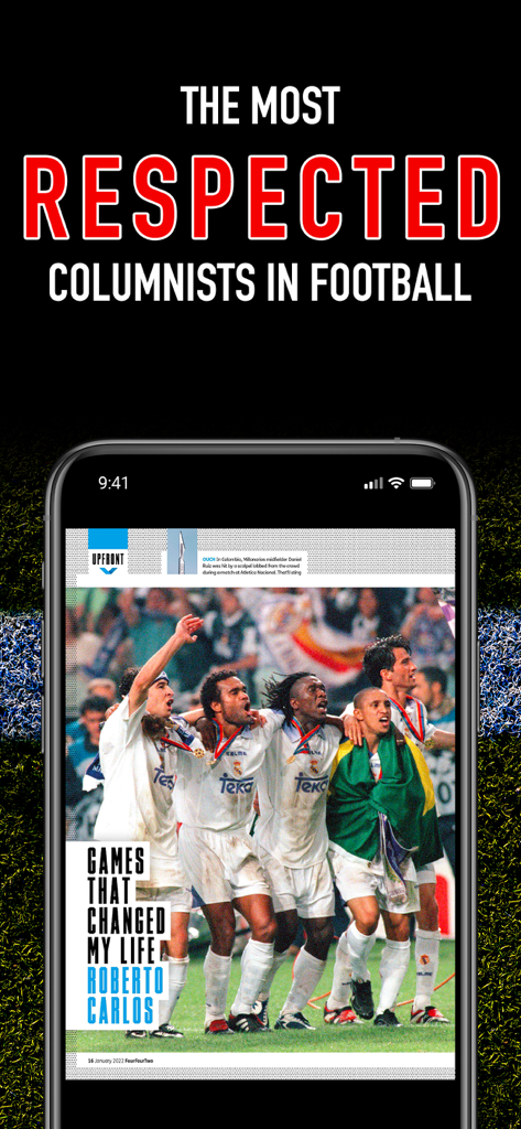 FourFourTwo Magazine app featuring respected football columnists and an interview with Roberto Carlos.