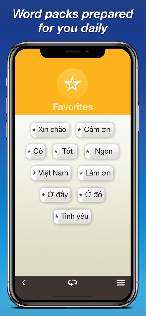 Screenshot of the Vietnamese by Nemo app showing a personalized favorites list of common words and phrases.