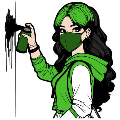 realistic girl with mask spray painting a wall