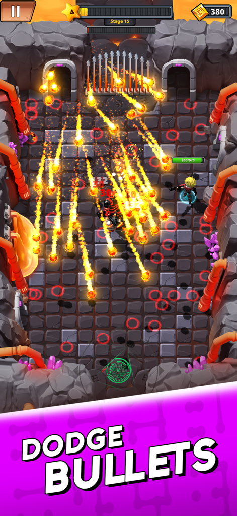 Guns vs Magic - Battle RPG - ヒーローキャラクターがGuns vs Magicモバイルゲームのダンジョンで多数の火の玉を回避している。