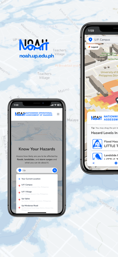 UP NOAH - Dois smartphones exibindo a interface do aplicativo móvel UP NOAH com mapas de risco de perigos e funcionalidade de busca de localização.