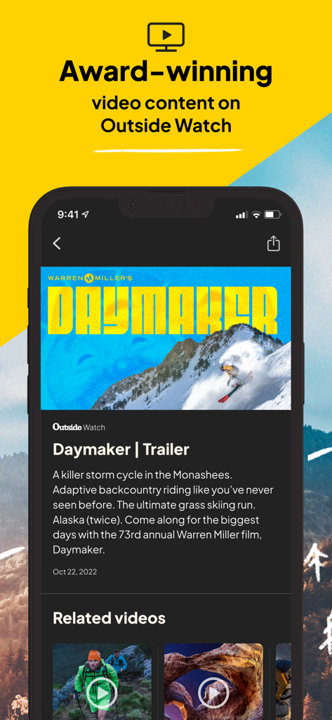 Outsideアプリのインターフェイスに、スキー映画Daymakerの受賞歴のあるビデオコンテンツが表示されている