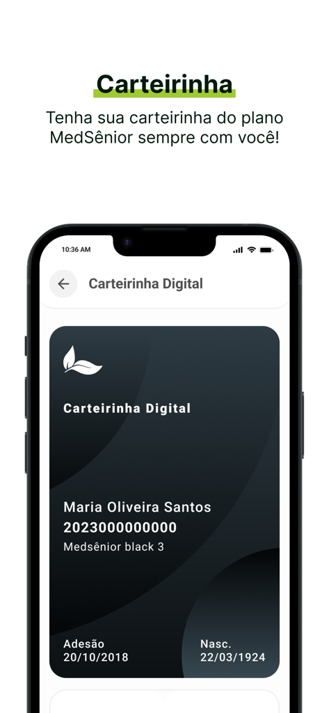Ein Smartphone-Bildschirm mit der digitalen Leistungsempfänger-ID-Karte von MedSênior für eine Benutzerin namens Maria Oliveira Santos.
