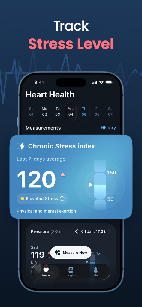 Heartica app interface displaying the chronic stress index with an elevated stress score
