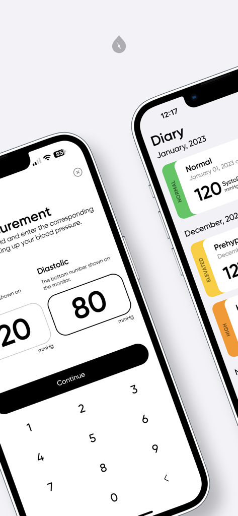 iPhone app screens showing a blood pressure measurement entry and a historical diary of readings.