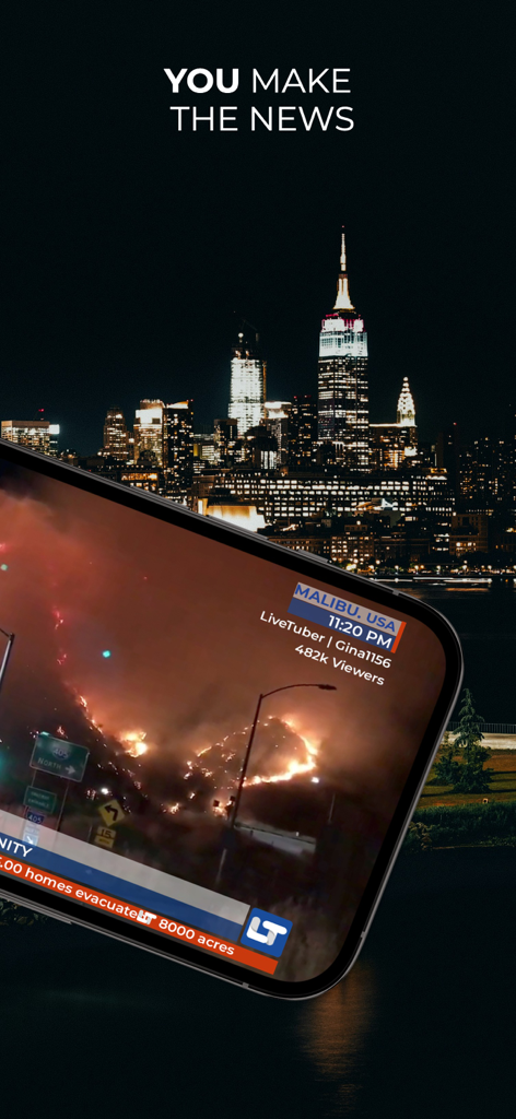 LiveTube app showing a live news stream of a wildfire in Malibu with the slogan You Make The News.