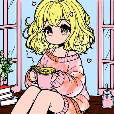cute anime girl reading book and drinking hot chocolate from mug with loose wavy hair wearing a baggy sweatshirt and shorts sitting by windowsill looking out