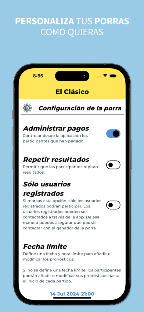 Porra - Interfaz de aplicación móvil que muestra la configuración de un grupo de predicción deportiva titulado El Clásico.