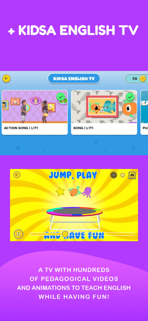 The First English - Kidsa English TV interface showing a library of pedagogical videos and an animation teaching English through songs and play.