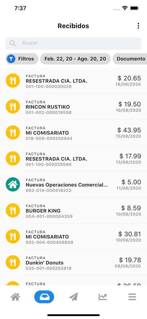 Ecuafact - Screen of the Ecuafact app displaying a list of electronic invoices and receipts from various merchants