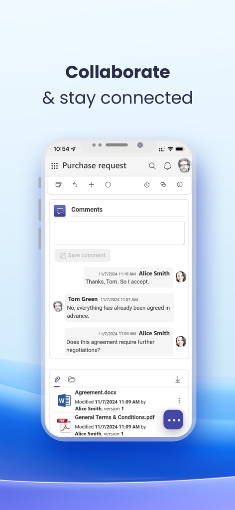 WEBCON BPS Mobile App-Oberfläche, die eine Kaufanfrage mit Kommentaren und angehängten Dokumenten anzeigt