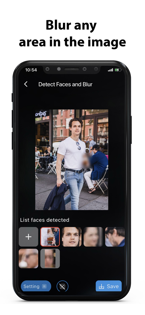Blur Face in Photos - 거리 사진에서 수동 영역 흐림을 보여주는 Blur Face in Photos 앱 인터페이스