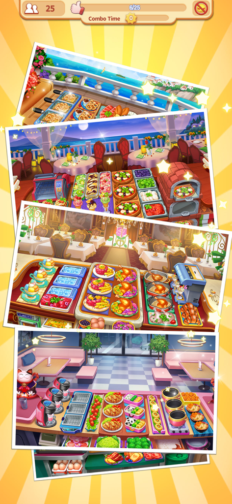 My Restaurant: Cooking Game - Un collage que muestra cuatro diseños de cocina de restaurante y cocinas diferentes en Mi Restaurante Juego de Cocina.