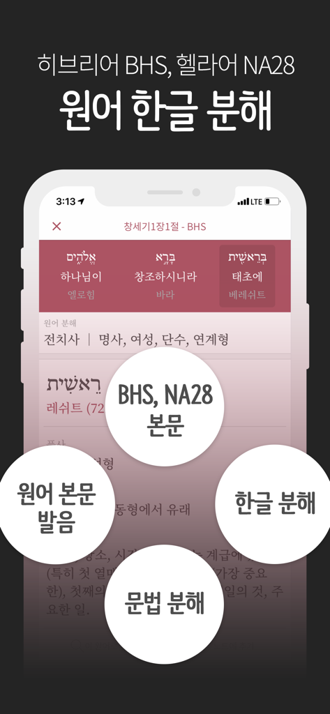 뉴 픽트리성경 - New Pictree Bible app interface displaying original Hebrew BHS and Greek NA28 text with Korean morphological analysis and grammar tools.