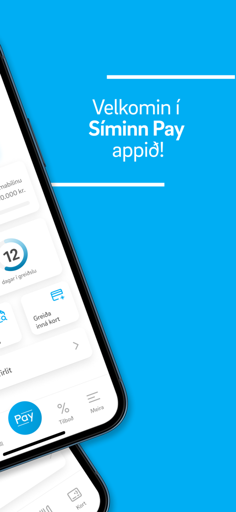 Schermata di benvenuto dell'app mobile Síminn Pay che mostra l'interfaccia della dashboard su uno smartphone