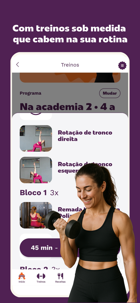 Superela: Exercícios, Receitas - Superela app workout screen showing a list of personalized exercises and a woman holding a dumbbell