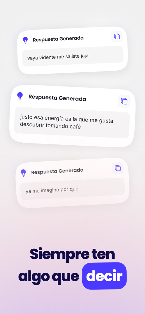 Pantalla de la app Liggo mostrando respuestas generadas por IA para conversaciones de citas y sociales