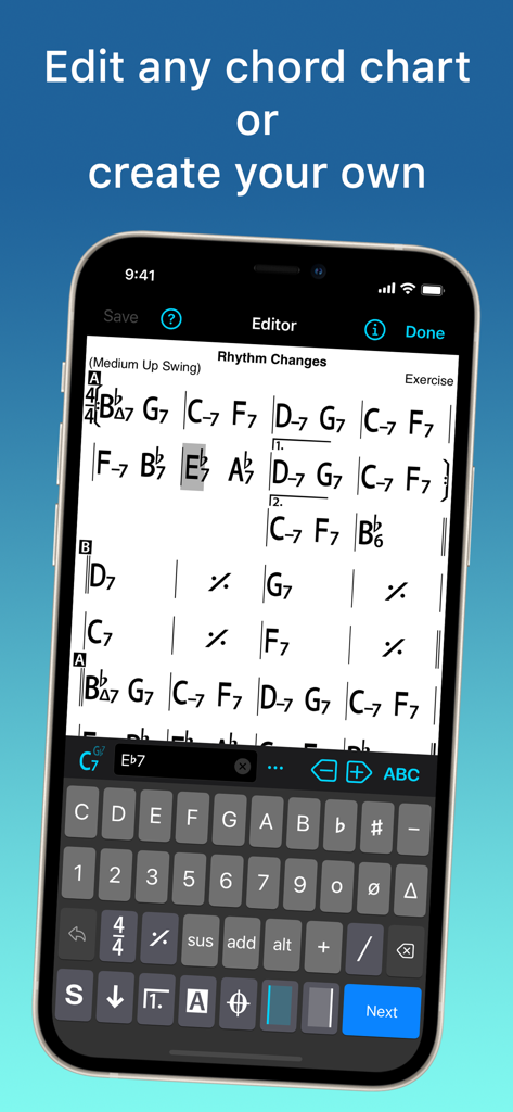 Interfaccia dell'app mobile iReal Pro che mostra l'editor di spartiti di accordi e la tastiera specializzata per l'inserimento musicale