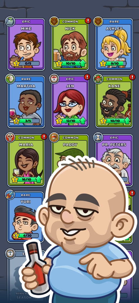 Idle Distiller Tycoon Game - Una colección de cartas de gerentes de personajes desbloqueables en el juego Idle Distiller Tycoon que muestran varios niveles de rareza