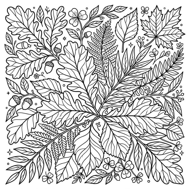Unwind with this beautiful cottagecore coloring template featuring a lush array of intricate leaf patterns. Explore a dense botanical design filled with oak leaves, ferns, and delicate blossoms, perfect for a peaceful creative escape.