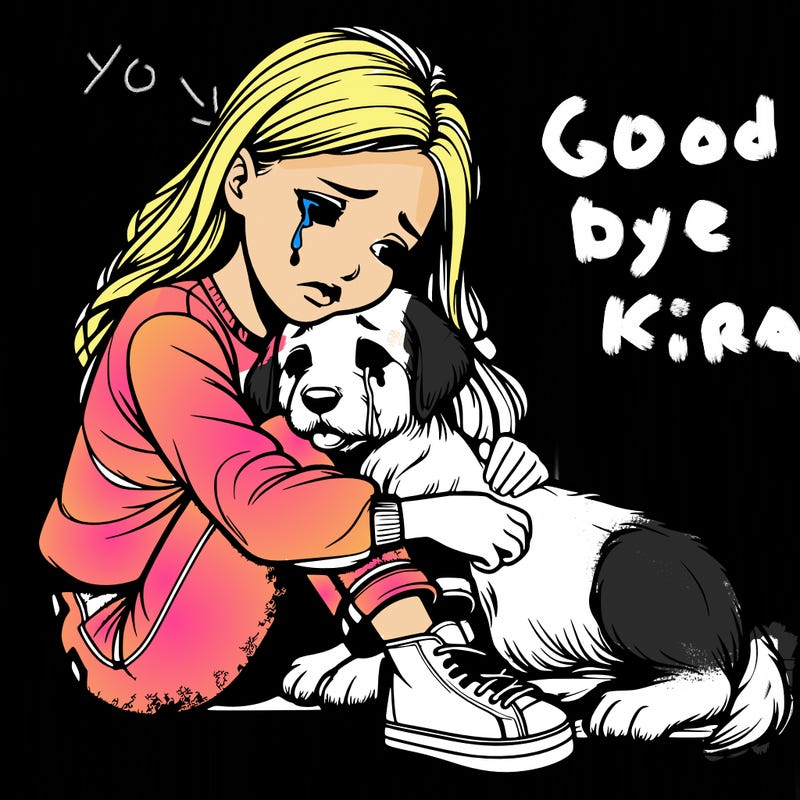 realistic girl crying with a realistic dog laying on her lap