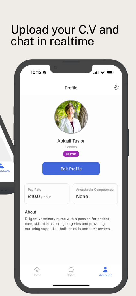 VetWork Pro - Tela do aplicativo VetWork Pro exibindo um perfil de enfermeiro veterinário com detalhes profissionais e taxa de pagamento