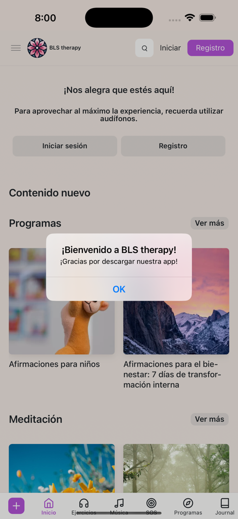 BLS therapy - BLS Therapy app home screen showing a welcome message and meditation program categories in Spanish