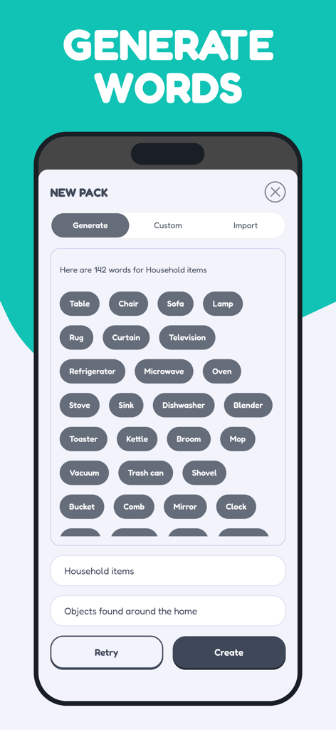 drawverse: draw & guess game - Screenshot of the Drawverse app showing the AI word generation feature for a new game pack