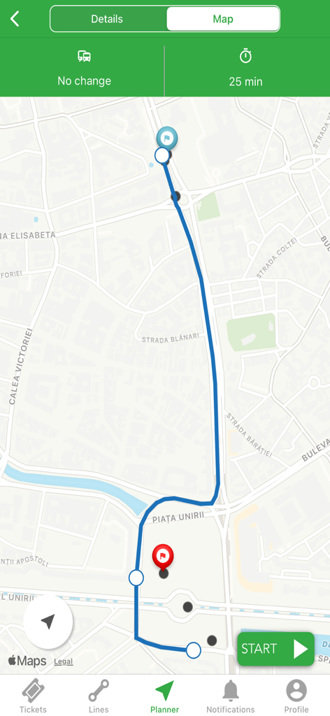 Route planner interface in Info Transport Bucharest showing a transit path on a map