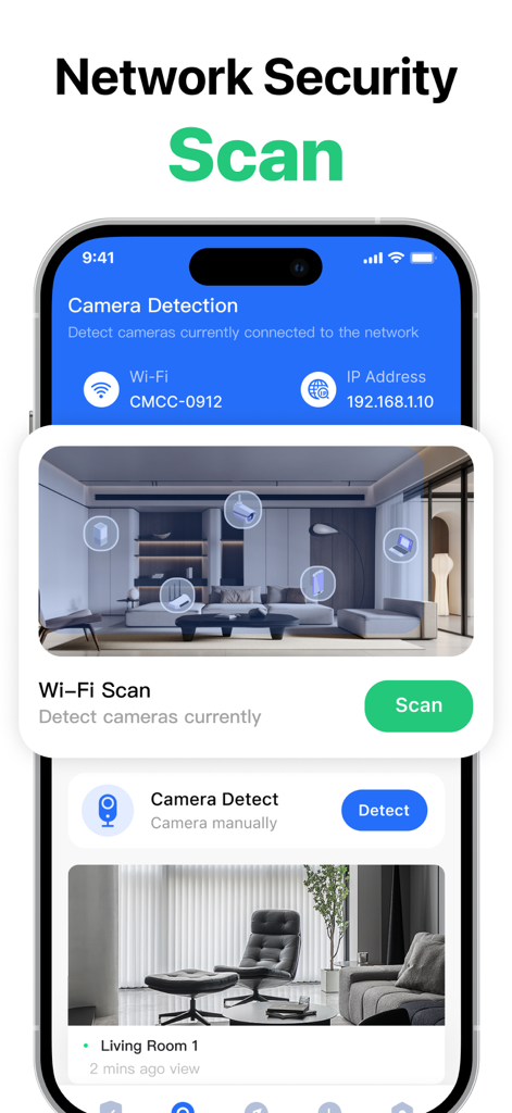 Home Security Camera Scan - Interfaz de la aplicación Escaneo de Cámaras de Seguridad del Hogar mostrando una función de escaneo de seguridad de red con una vista general de la habitación y opciones de detección Wi-Fi.