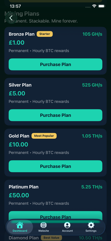 BTC Cloud Miner - Interface of the BTC Cloud Miner app displaying various permanent mining plans from Bronze to Platinum