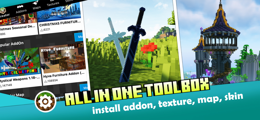 Master AddOns for Minecraft PE app interface showing various mods maps and skins