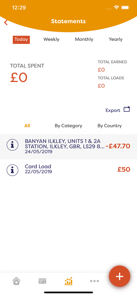 My OnePay - Pantalla de extractos de la aplicación My OnePay que muestra el historial de transacciones y el resumen de gastos