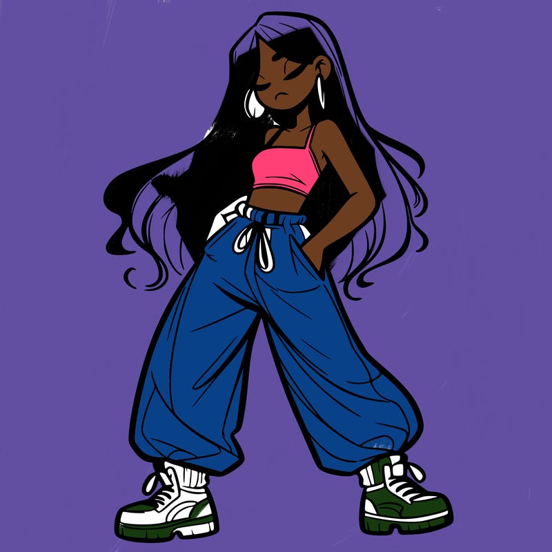 girl in baggy pants crop top and long hair