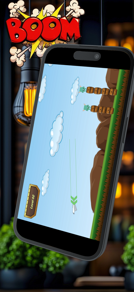 Pantalla de smartphone mostrando la jugabilidad de Paper Plane Dash con un avión de papel apuntando a monstruos en el nivel 2.