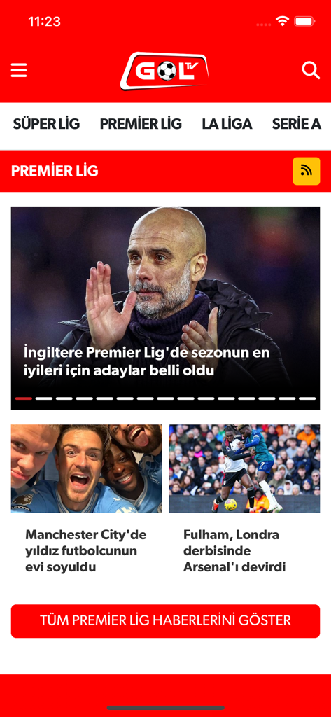 Gol TV - Gol TVアプリのインターフェース。プレミア・リーグのトルコスポーツニュースを表示