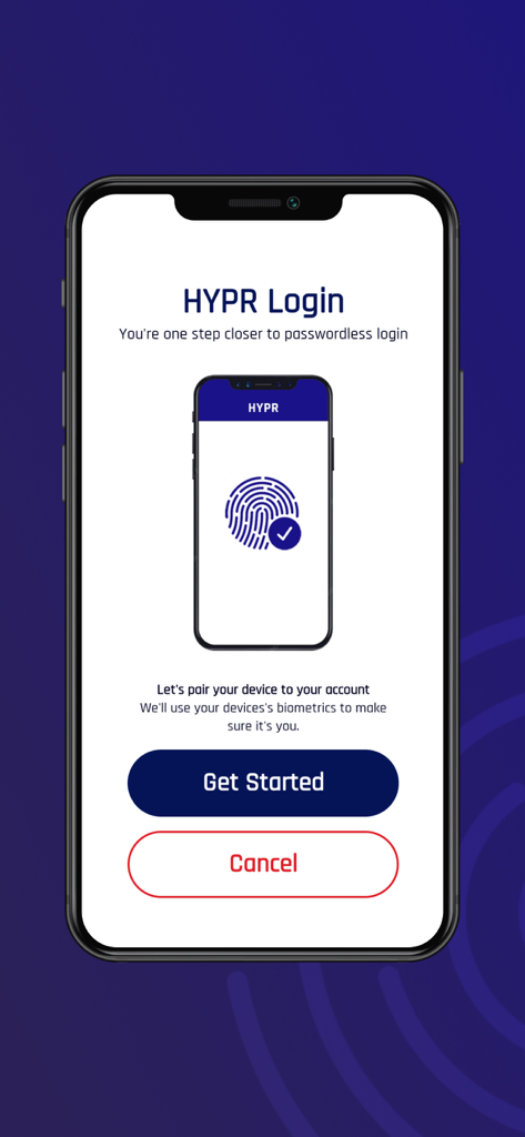 HYPR app screen for setting up passwordless biometric login