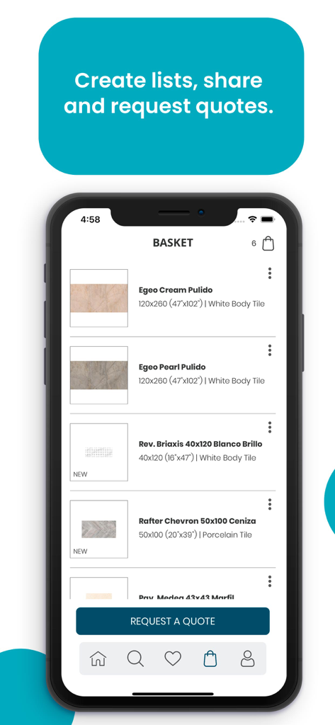 A smartphone displaying a product basket list with a button to request a quote