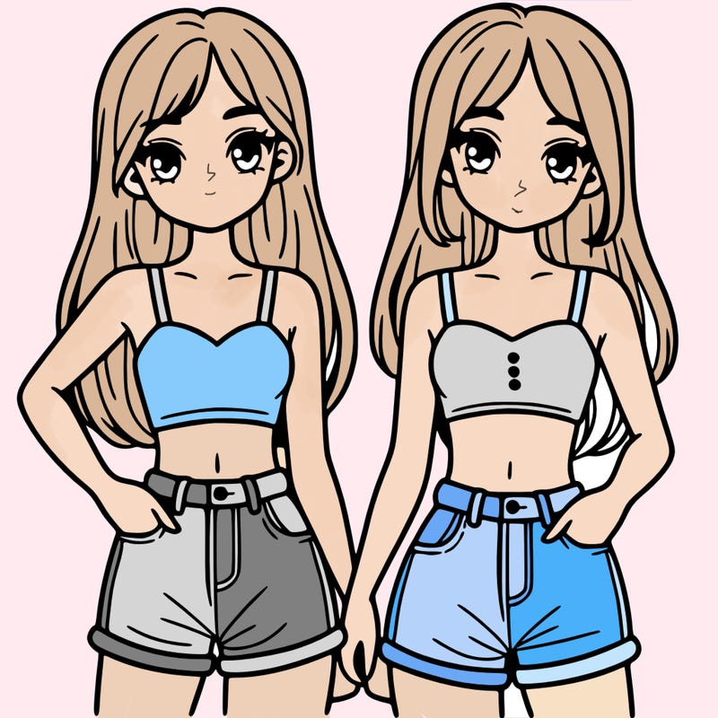 two sisters with crop tops and jean shorts and straight hair