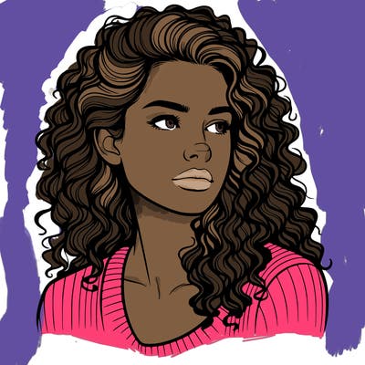 realistic looking caucasian woman with curly hair looking to the side