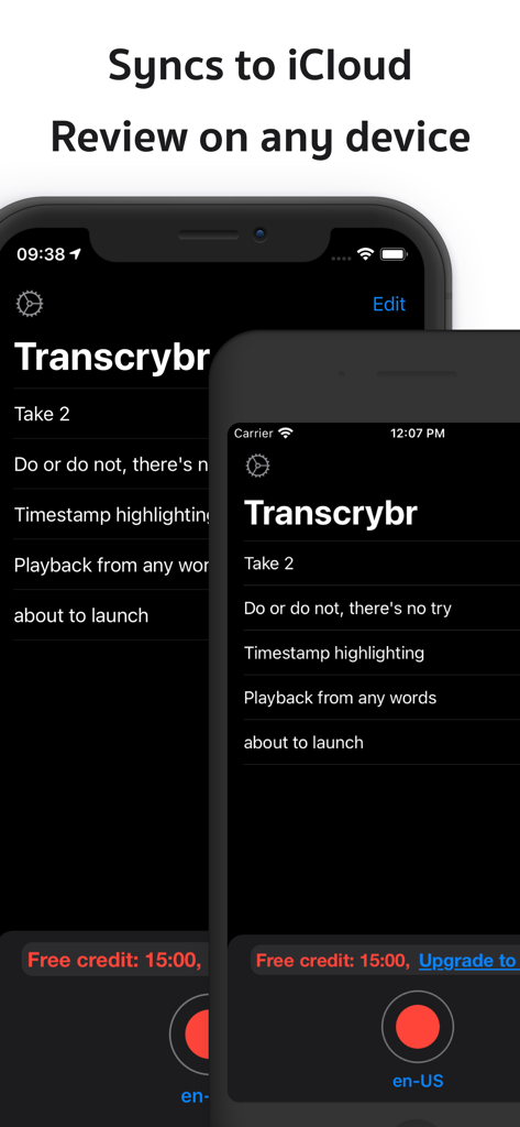 Live Transcribe: Transcrybr - Interface of the Live Transcribe Transcrybr app showing iCloud synchronization for reviewing transcriptions on different devices.