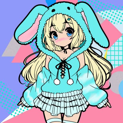 pretty anime girl wearing a fluffy hoodie with bunny ears on the hood and a skirt