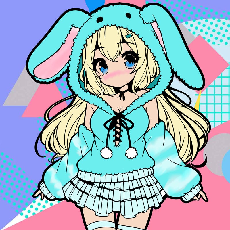 pretty anime girl wearing a fluffy hoodie with bunny ears on the hood and a skirt