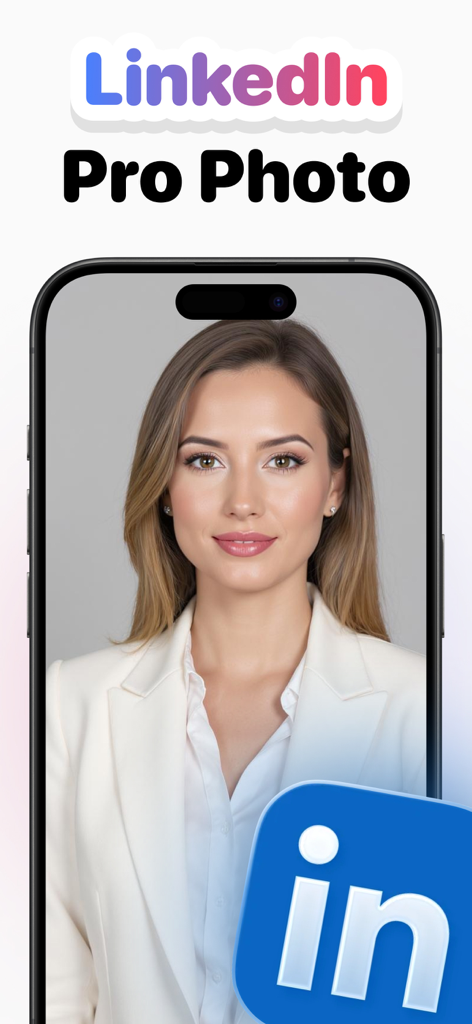 KI-generiertes professionelles LinkedIn-Porträt einer Frau in einem weißen Blazer auf einem Mobilbildschirm.